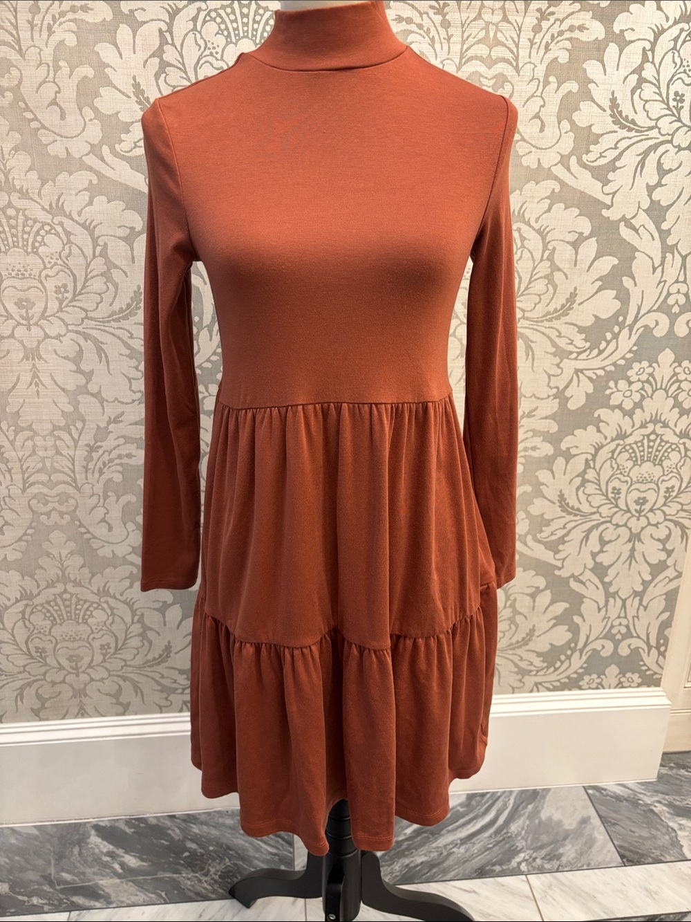 Turtleneck Tiered Long-Sleeve Dress — Rust